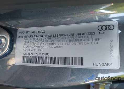 2016 Audi A3 2.0T Premium из США, поврежденный, VIN WAUB8GFF7G1113385